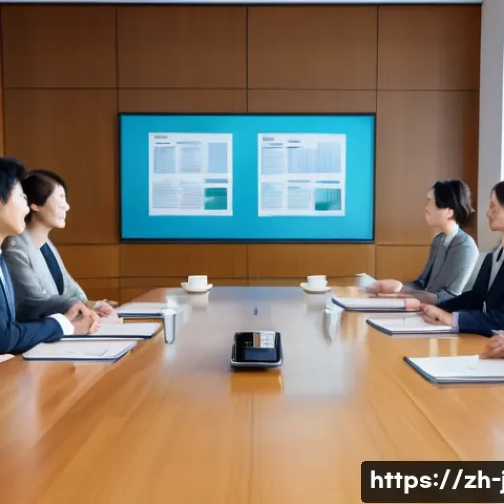 일본어 비즈니스 회화 - A modern Japanese business meeting scene in a sleek office with natural light, featuring diverse pro...