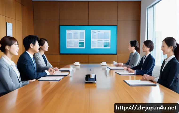 일본어 비즈니스 회화 - A modern Japanese business meeting scene in a sleek office with natural light, featuring diverse pro...