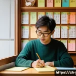 효율적인 일본어 암기법 - A cozy indoor scene of a young adult studying Japanese at a wooden desk by a window with soft natura...