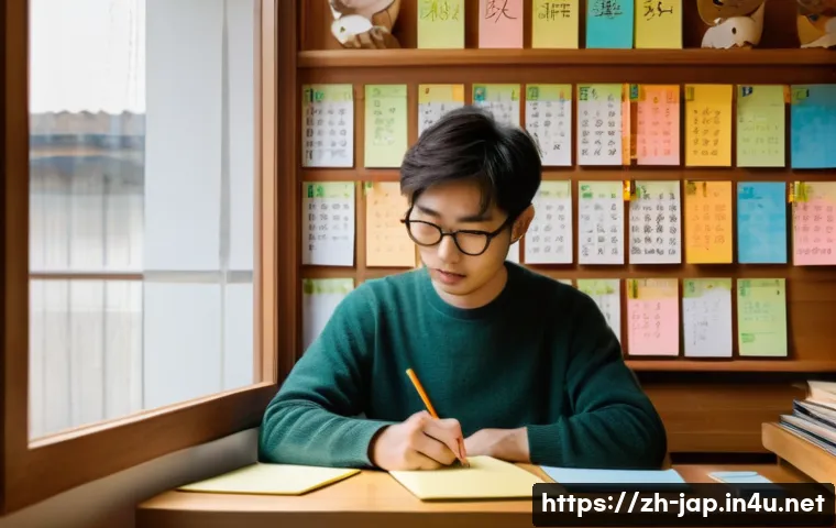 효율적인 일본어 암기법 - A cozy indoor scene of a young adult studying Japanese at a wooden desk by a window with soft natura...