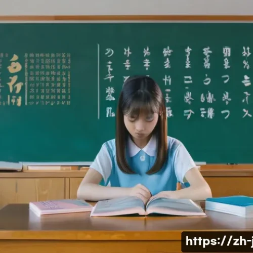 일본어 기초 문법 정리 - A cozy, modern Japanese classroom scene focusing on a young Chinese female student attentively study...