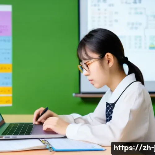 일본어 동사 변형 - A modern classroom scene with a young Chinese student studying Japanese verbs on a laptop, open text...