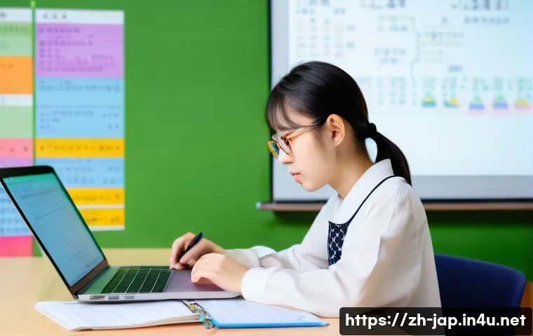 일본어 동사 변형 - A modern classroom scene with a young Chinese student studying Japanese verbs on a laptop, open text...