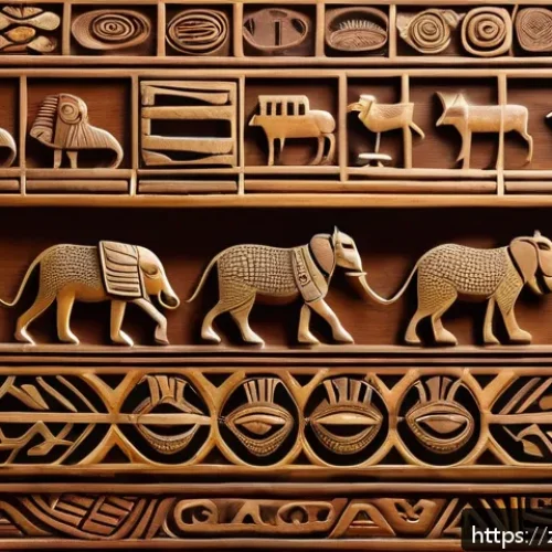가나 문자의 발전 - A vibrant illustration of ancient Ghanaian pictographic symbols carved into traditional wooden panel...
