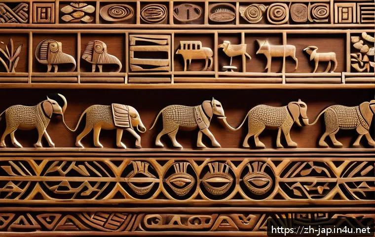 가나 문자의 발전 - A vibrant illustration of ancient Ghanaian pictographic symbols carved into traditional wooden panel...