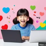 일본어 변화 및 최신 트렌드 - A vibrant social media scene featuring young Chinese-speaking users typing playful Japanese kana tex...