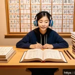 일본어 필수 문법 정리 - A cozy study scene featuring a young adult learner sitting at a wooden desk surrounded by Japanese l...