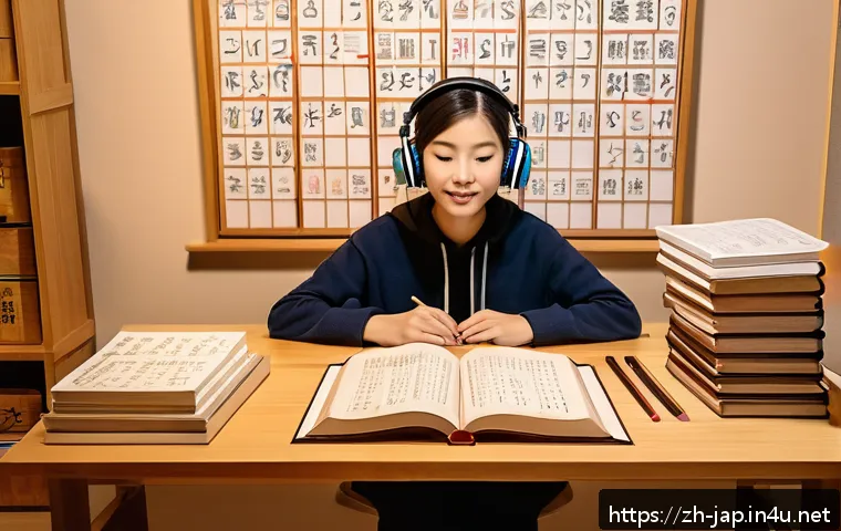 일본어 필수 문법 정리 - A cozy study scene featuring a young adult learner sitting at a wooden desk surrounded by Japanese l...