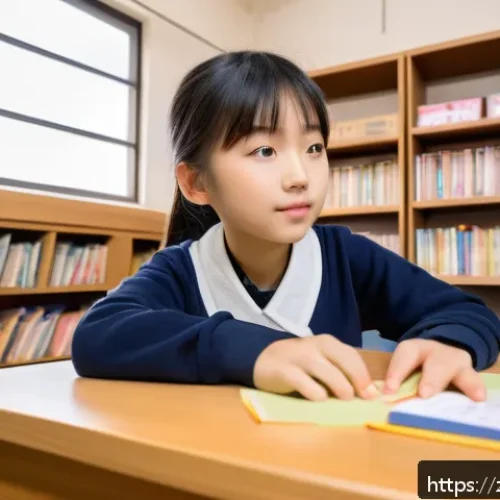 일본어 한자 단어 목록 - A vibrant educational scene showing a young Chinese learner sitting at a desk with Japanese study ma...
