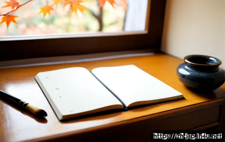 일본어와 하이쿠 - Photorealistic close-up of a Japanese language learner’s desk with an open blank notebook, a traditi...