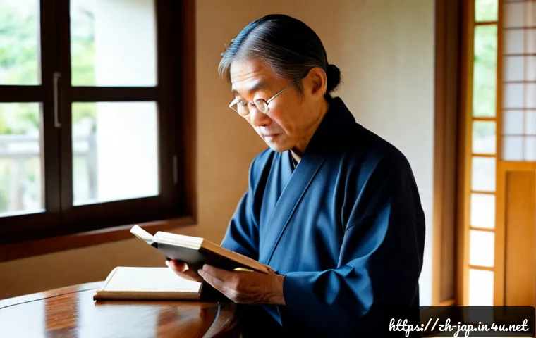 일본어에서 사라지는 표현 - Photorealistic editorial scene of an elderly Japanese language scholar gently holding a weathered bl...